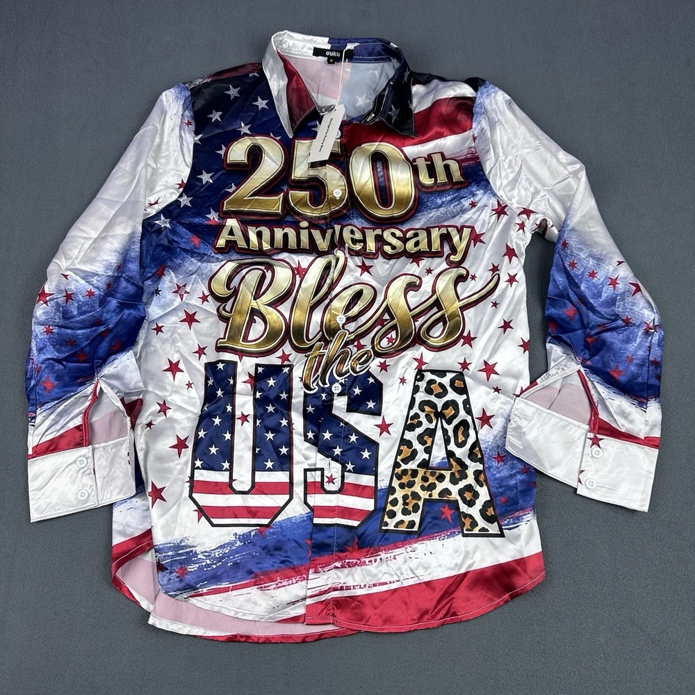 Ouku Men's USA 250th Anniversary God Bless the USA Button Shirt Medium NWT